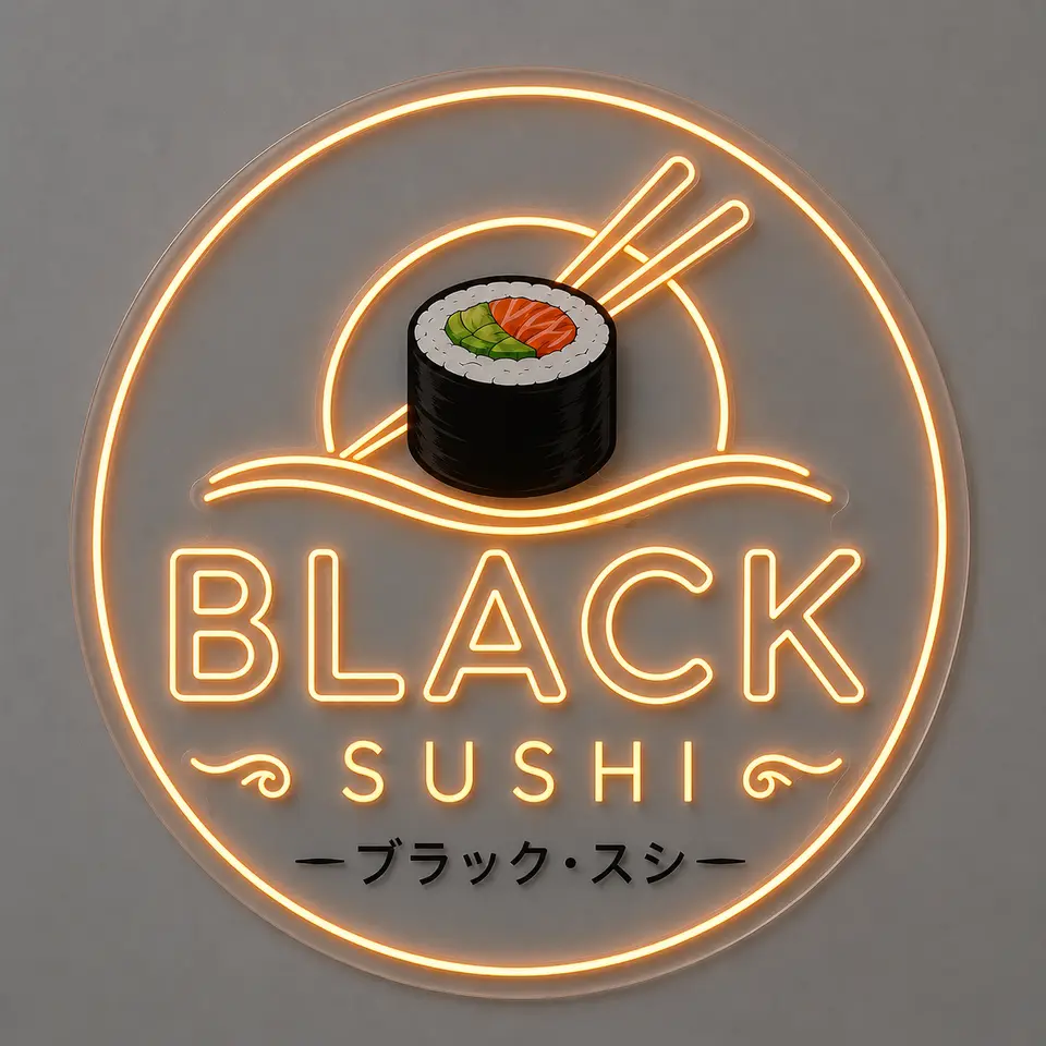 Logo circular do Black Sushi em neon LED branco quente