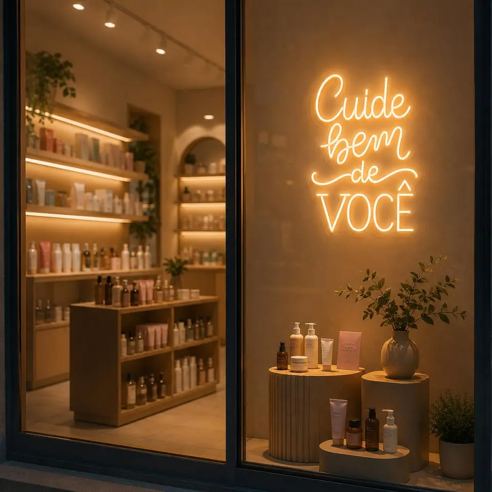 Vitrine de loja com painel neon "Cuide bem de você" em script
