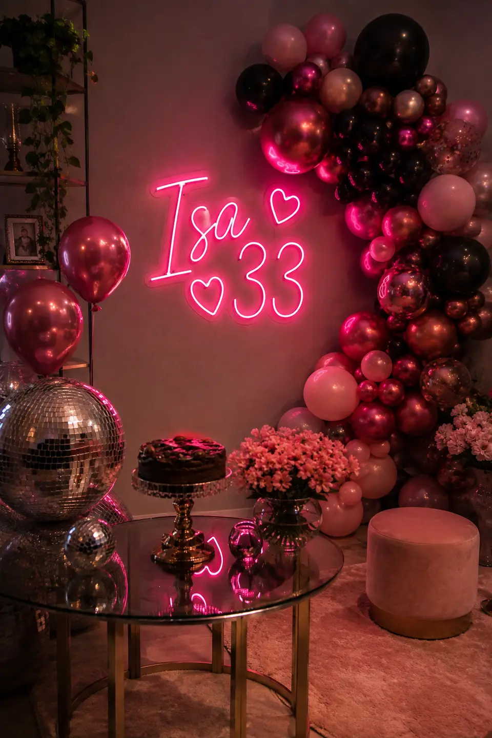 Painel neon rosa "Isa 33" em festa com balões e globo espelhado